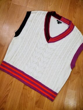 Wild Fable Cream Knit Vest with Bright Multicolor Stripe Trim